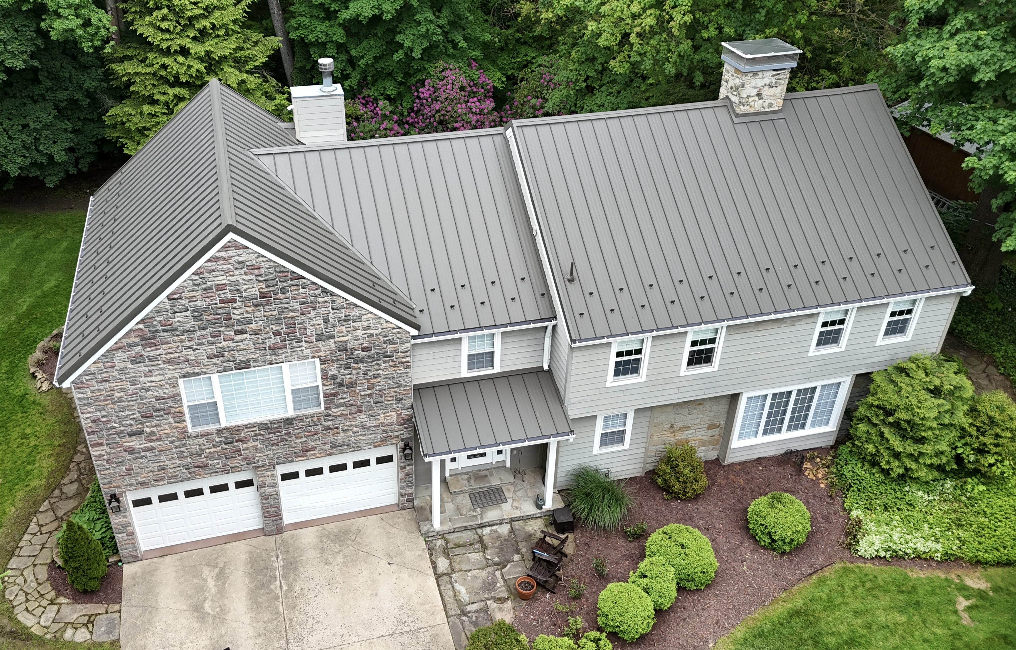 Residential metal roof aerial view